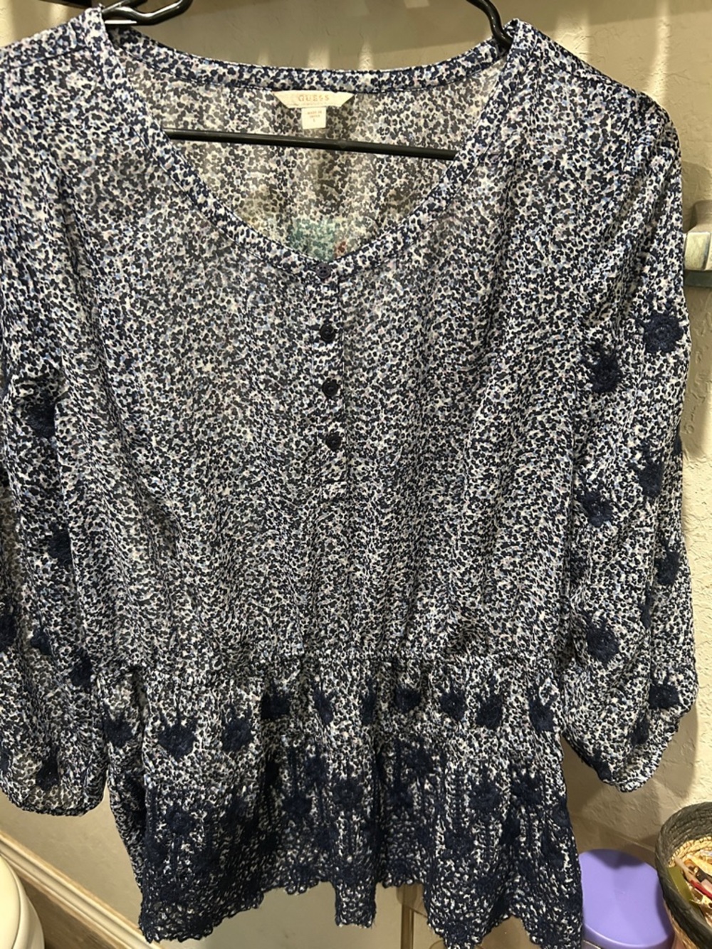 Guess Navy and White Floral-Print Peasant Blouse